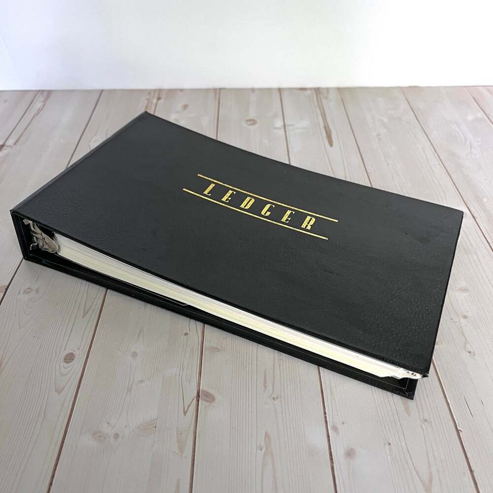 Vintage Black Hardcover 4-Ring Ledger Binder with Dividers and 84 Ledger Pages